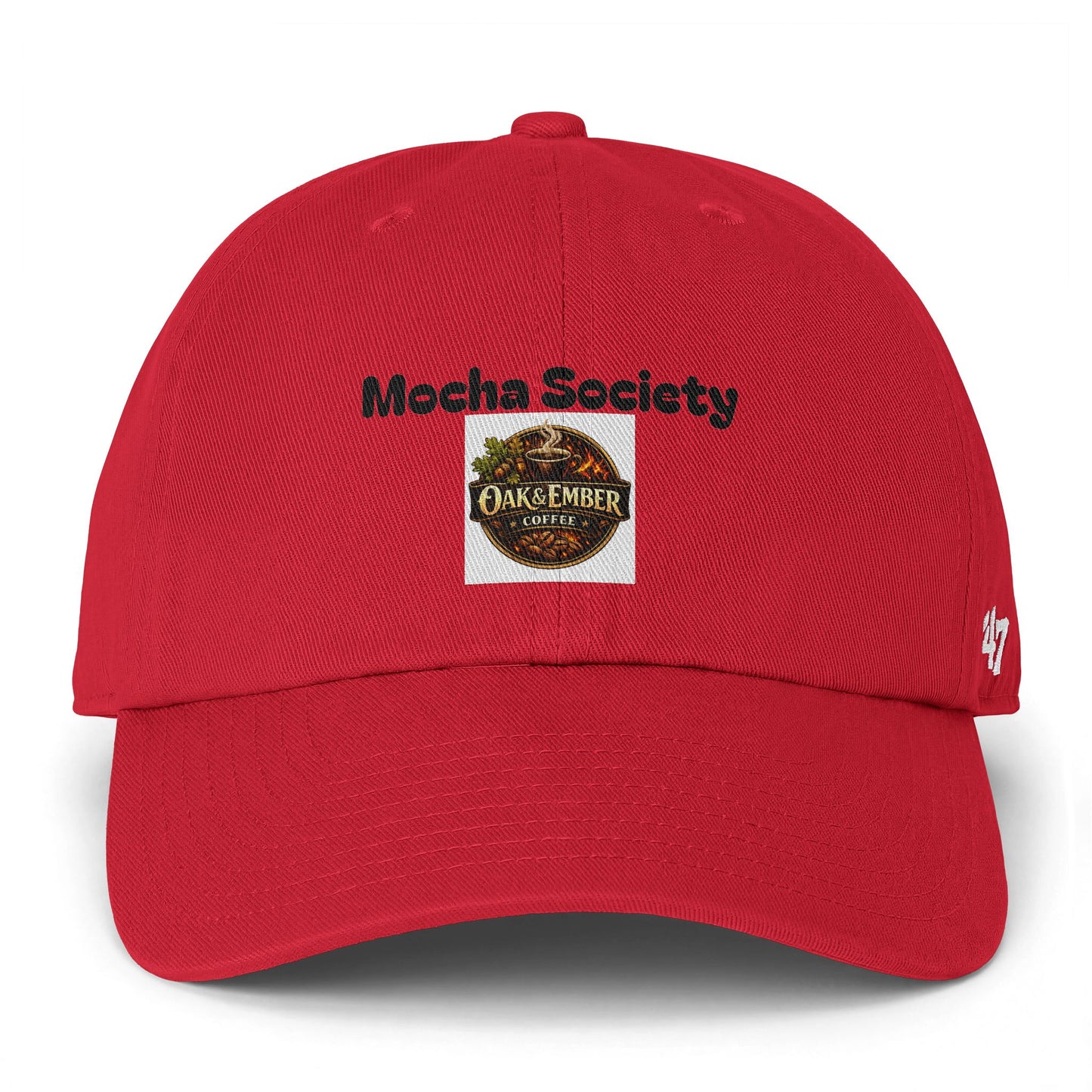 Red cap with 'Mocha Society' text and logo on a white background