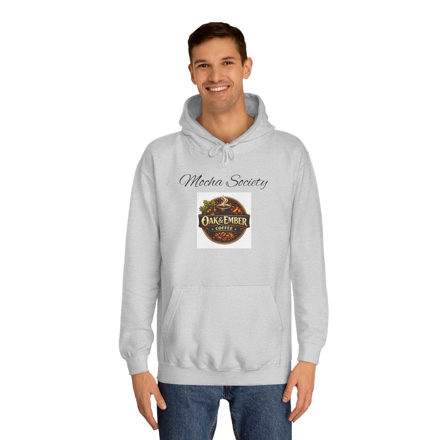Man wearing a gray hoodie with a logo and text on a white background