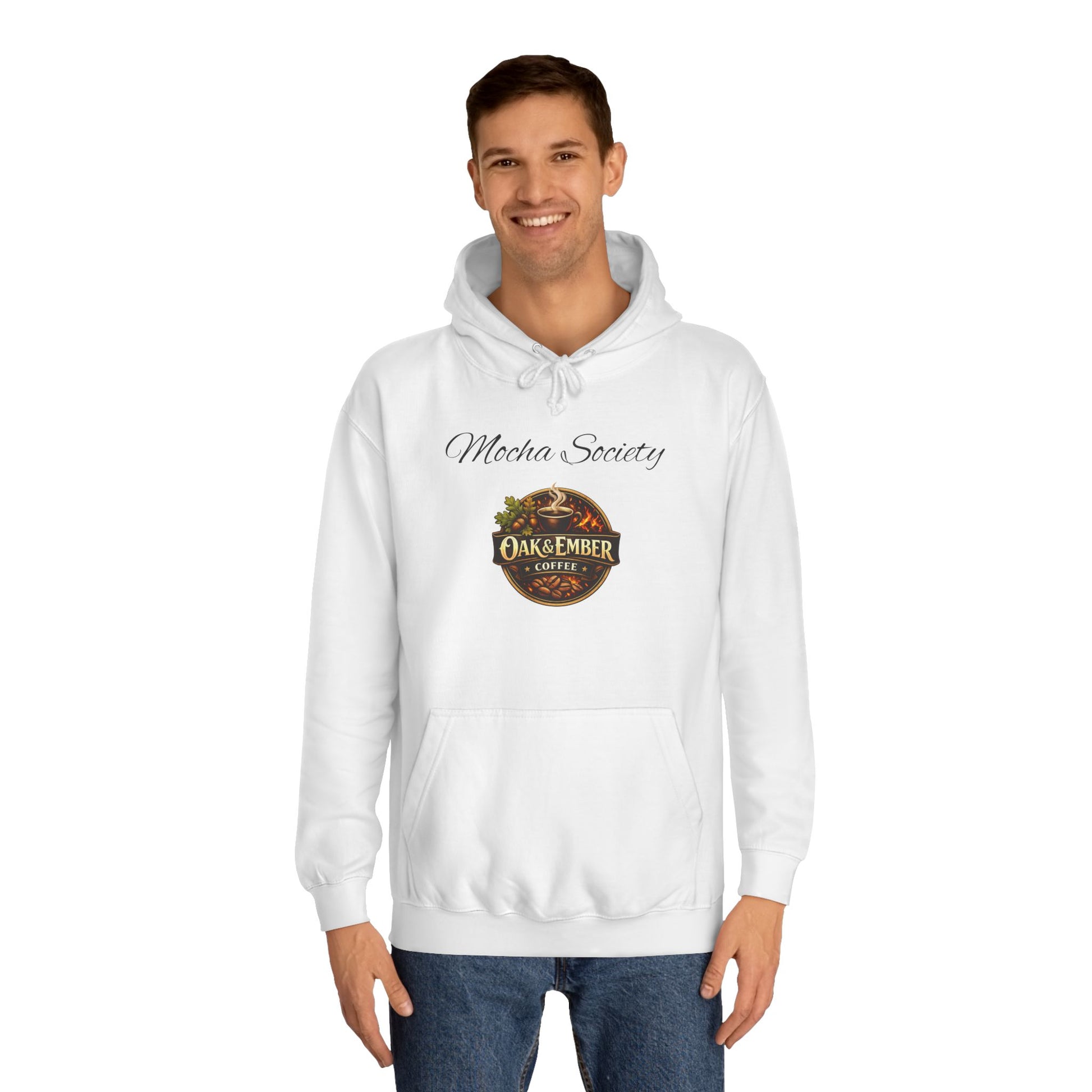 Man wearing a white hoodie with 'Mocha Society' and 'Oak Ember Coffee' logos on a white background