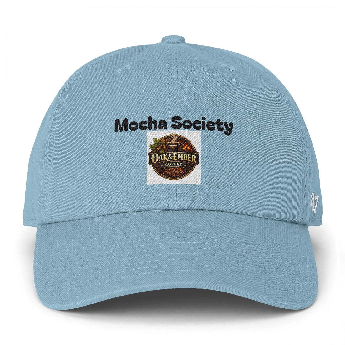Light blue cap with 'Mocha Society' text and Oak & Ember Coffee logo on a white background