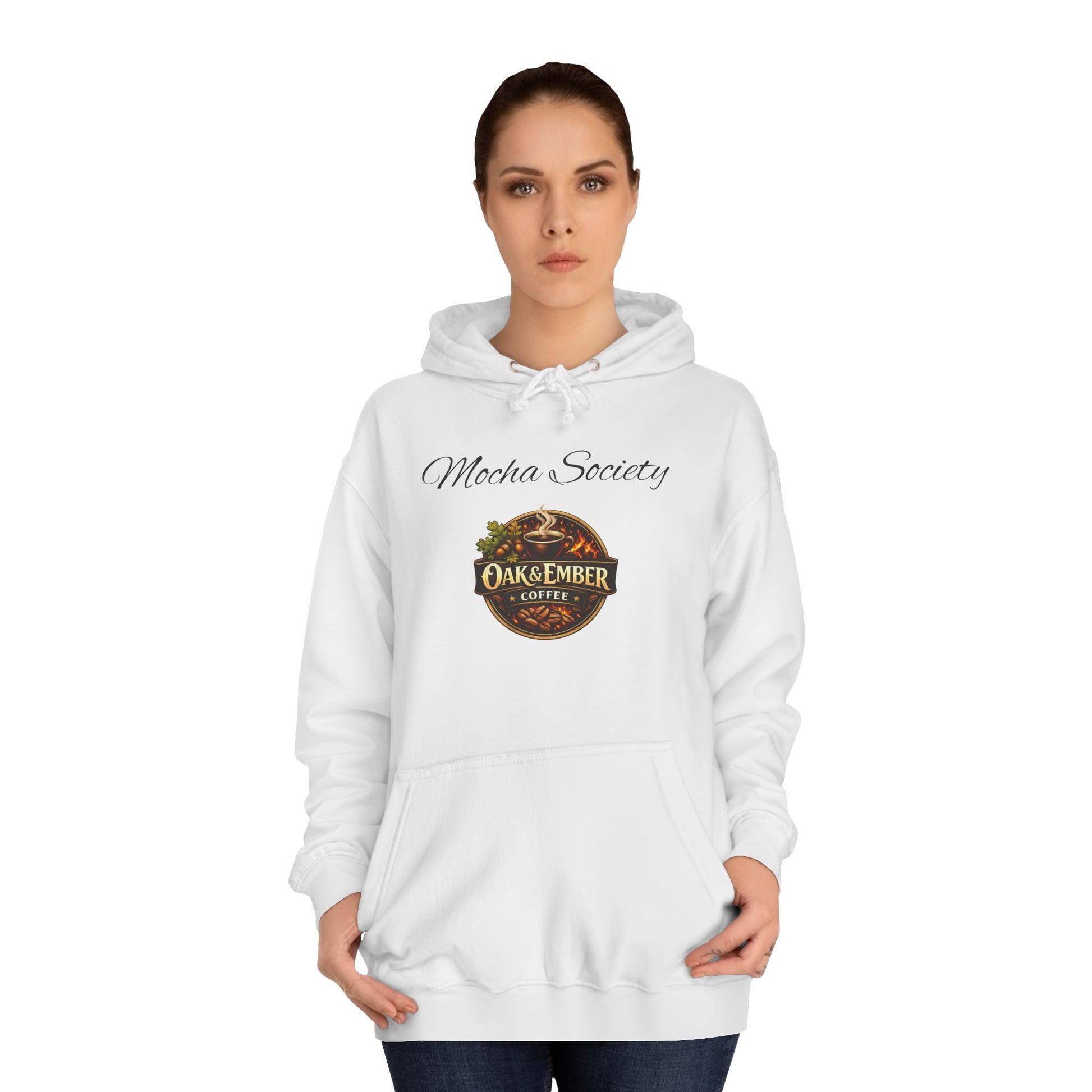 Person wearing a white hoodie with a logo and text on a white background