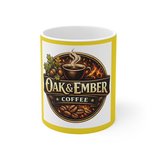 Oak & Ember Coffee Ceramic Mug — Rustic Coffee Logo Mug in Gold (11oz & 15oz)