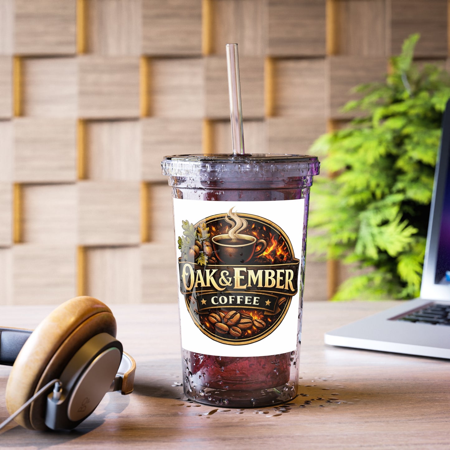 Oak & Ember Coffee Acrylic Tumbler — Clear Reusable Cup with Straw (16oz)