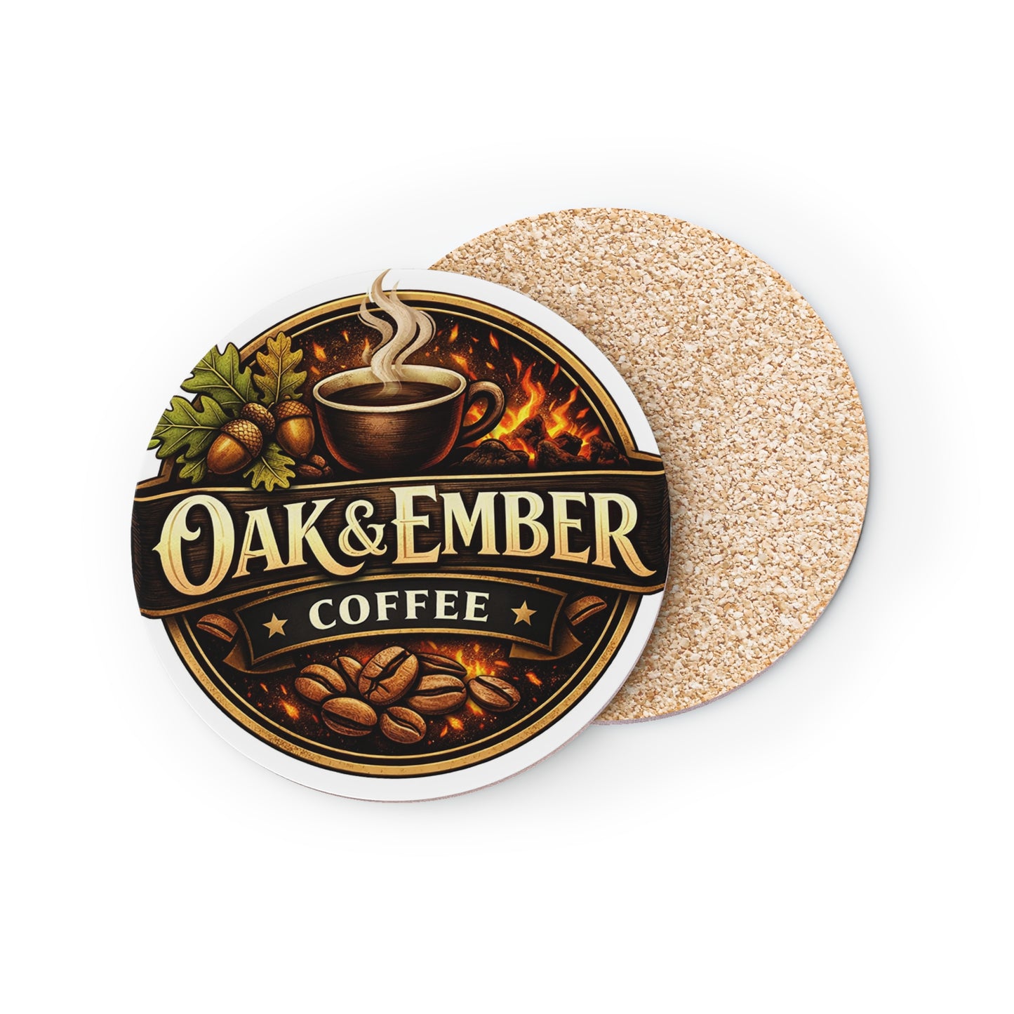 Coaster with 'Oak & Ember Coffee' logo on a white background