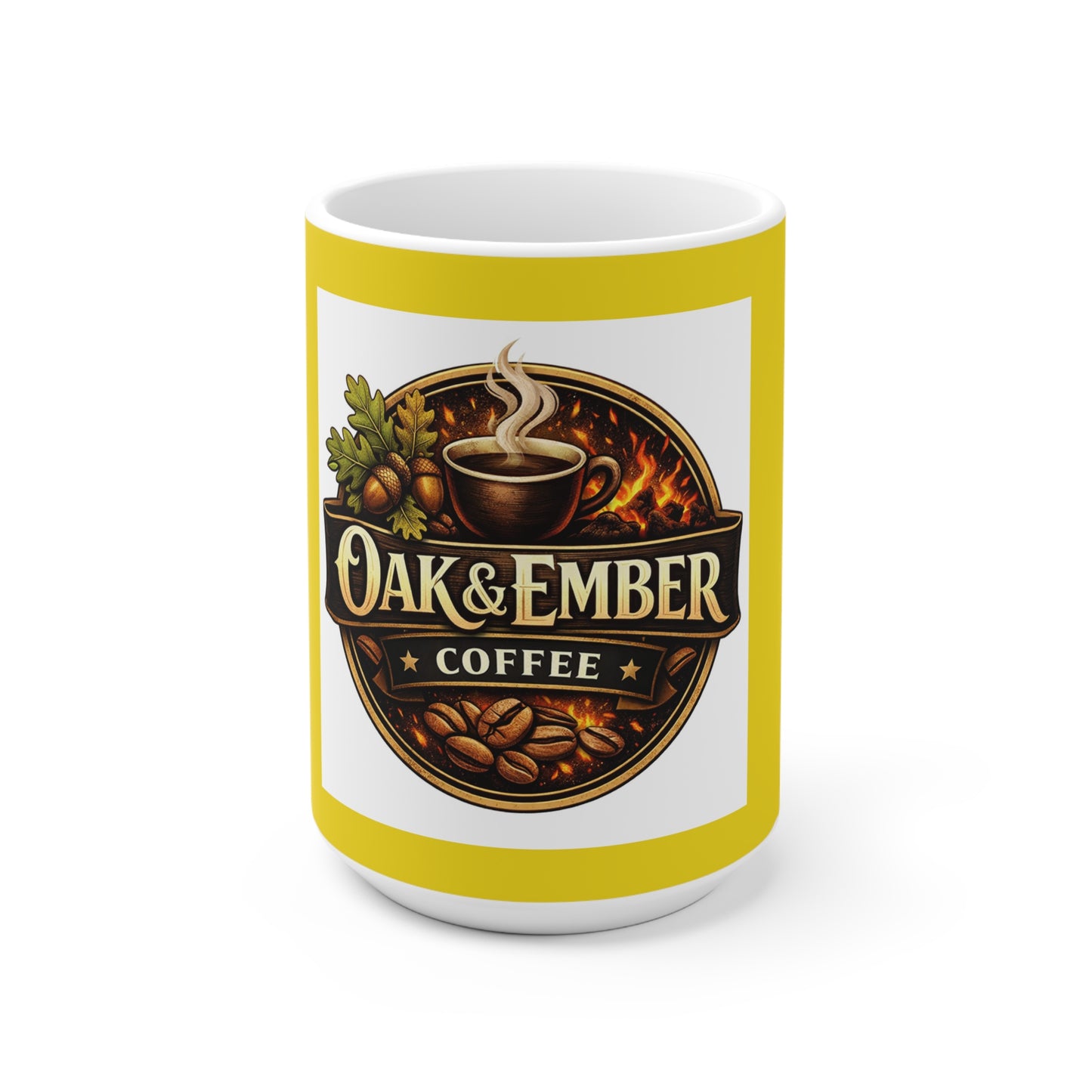 Oak & Ember Coffee Ceramic Mug — Rustic Coffee Logo Mug in Gold (11oz & 15oz)