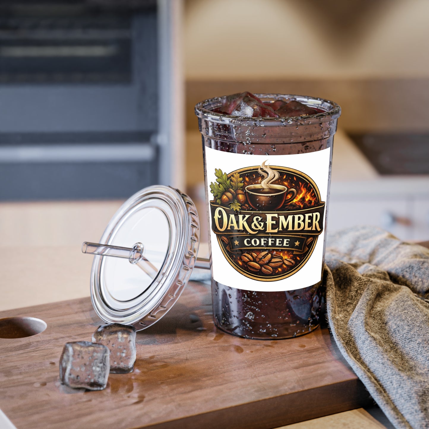Oak & Ember Coffee Acrylic Tumbler — Clear Reusable Cup with Straw (16oz)