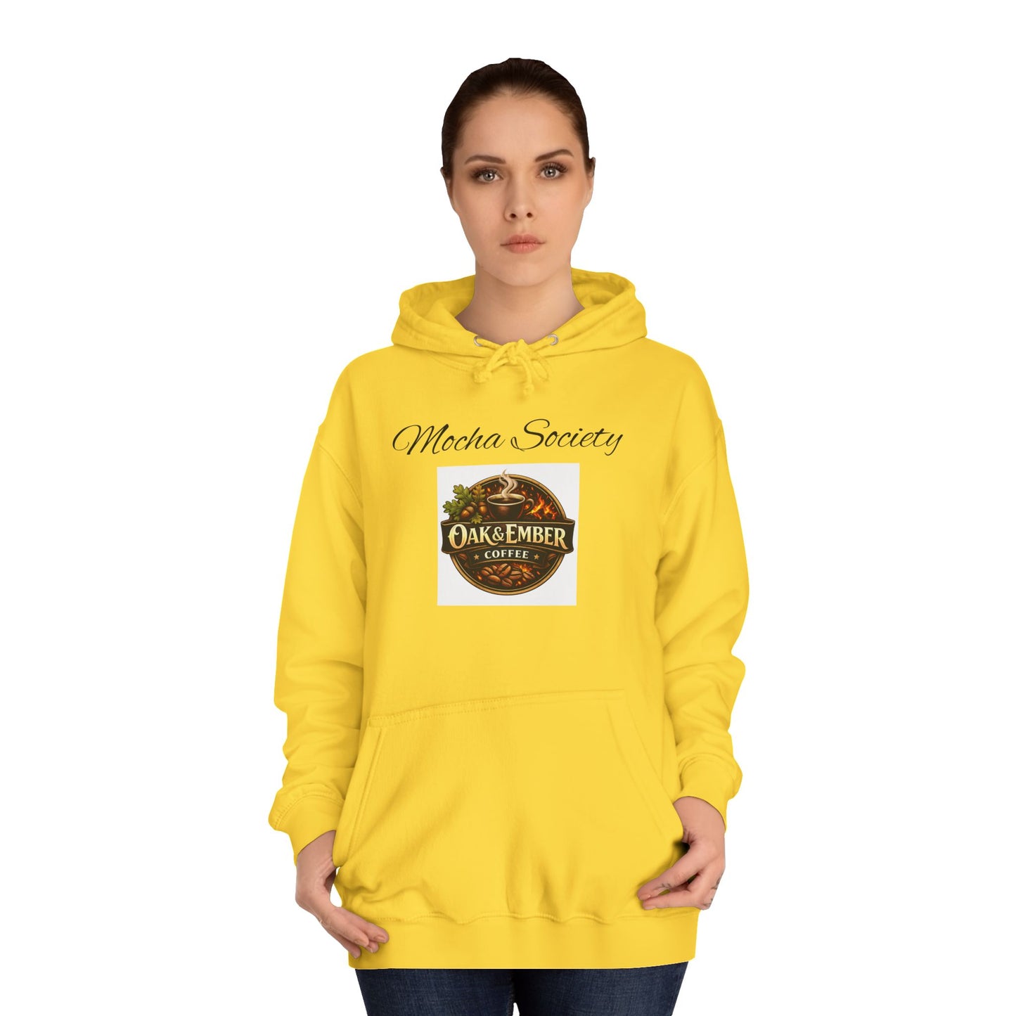 Person wearing a yellow hoodie with a logo on a white background