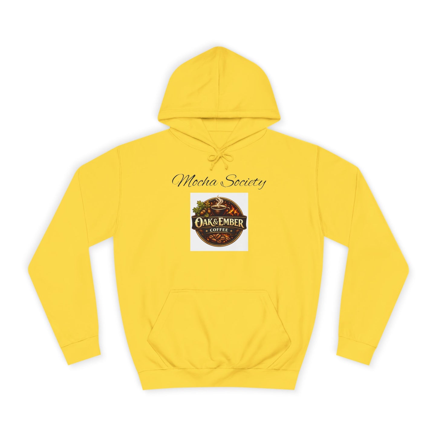 Yellow hoodie with a logo on the chest against a white background