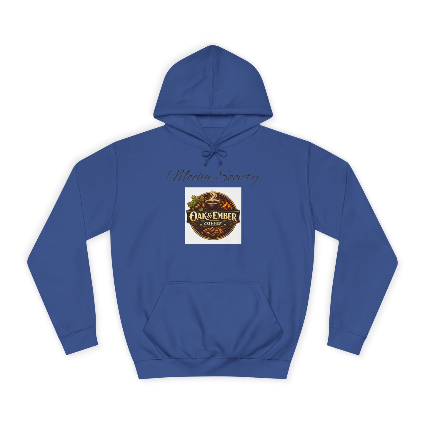 Blue hoodie with a logo on the chest against a white background