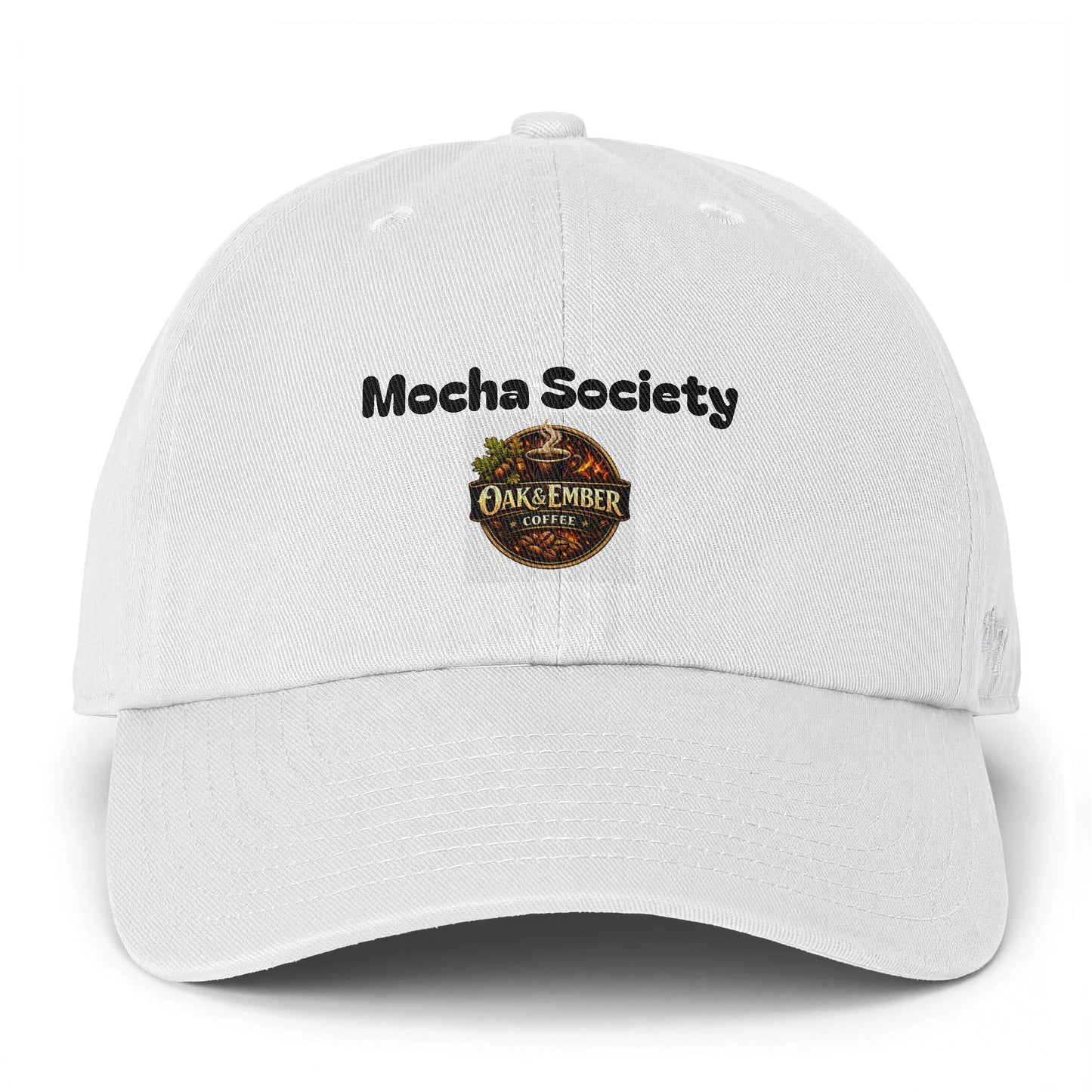 White cap with 'Mocha Society' and 'Oak & Ember Coffee' text on a white background