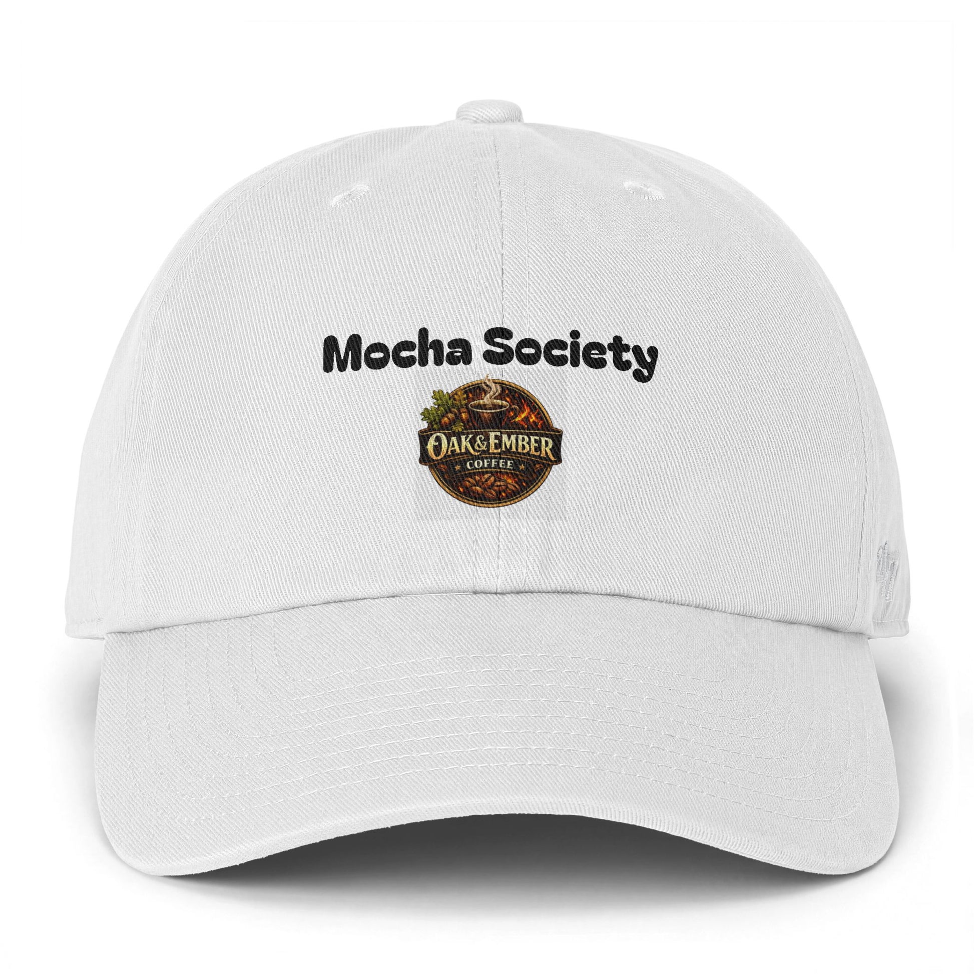 White cap with 'Mocha Society' and 'Oak & Ember Coffee' text on a white background