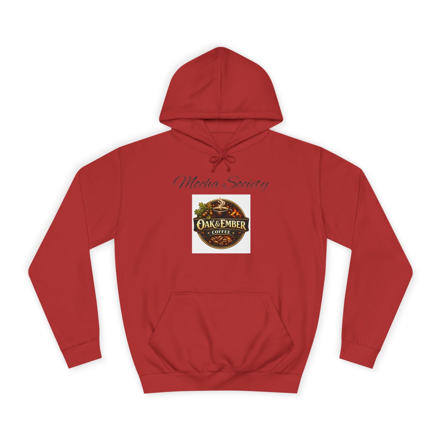 Red hoodie with a logo on the chest against a white background