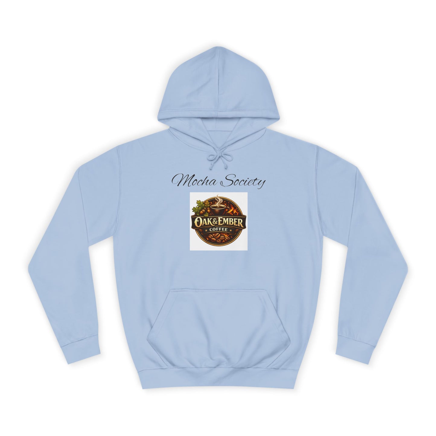 Light blue hoodie with a logo and text on a white background