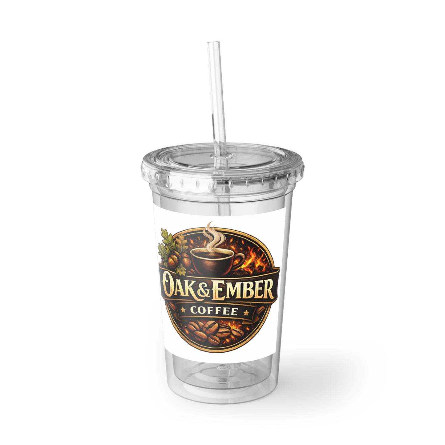 Oak & Ember Coffee Acrylic Tumbler — Clear Reusable Cup with Straw (16oz)