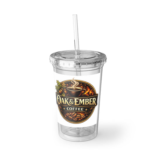 Oak & Ember Coffee Acrylic Tumbler — Clear Reusable Cup with Straw (16oz)