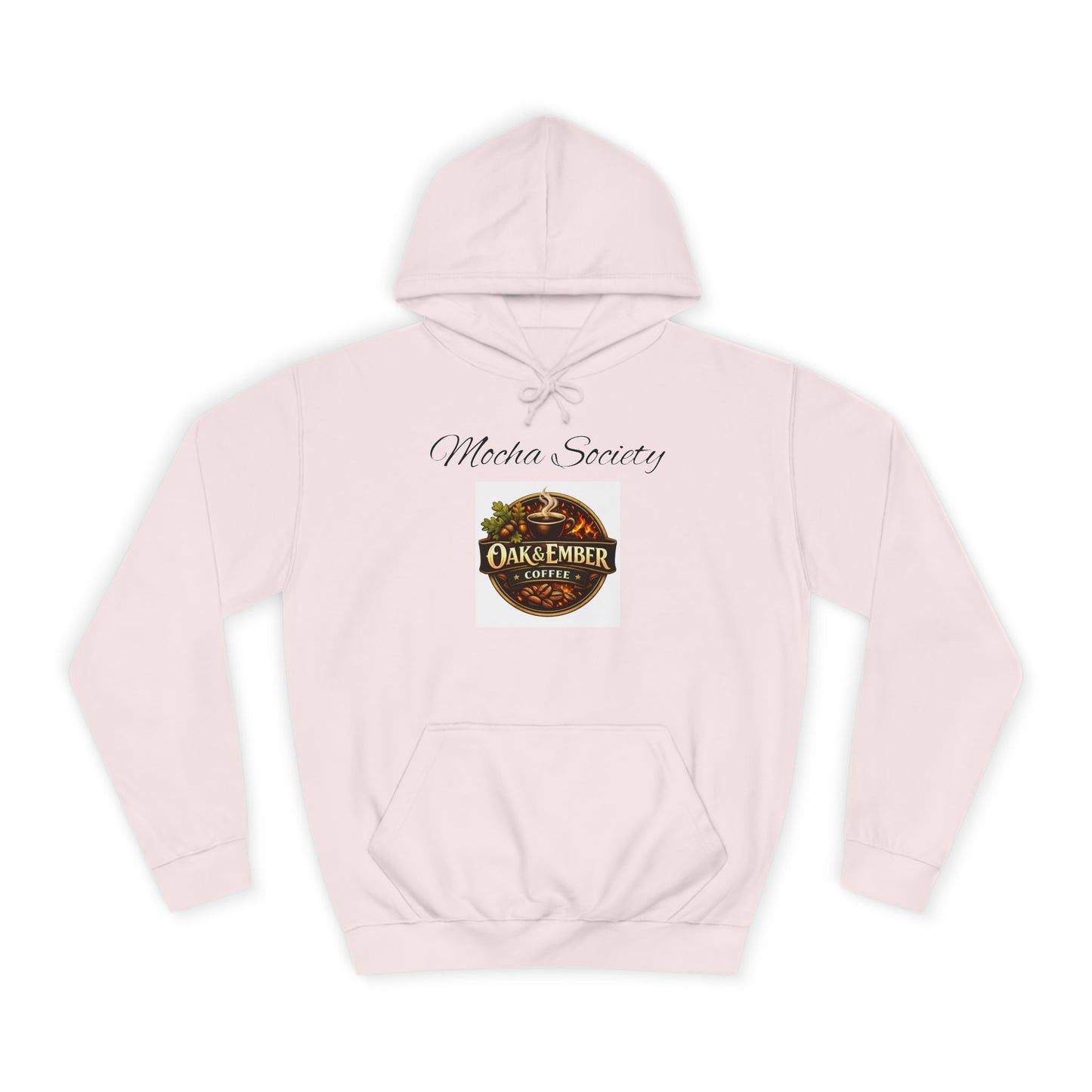 Pink hoodie with 'Mocha Society' and 'Oak & Ember Coffee' logos on a white background