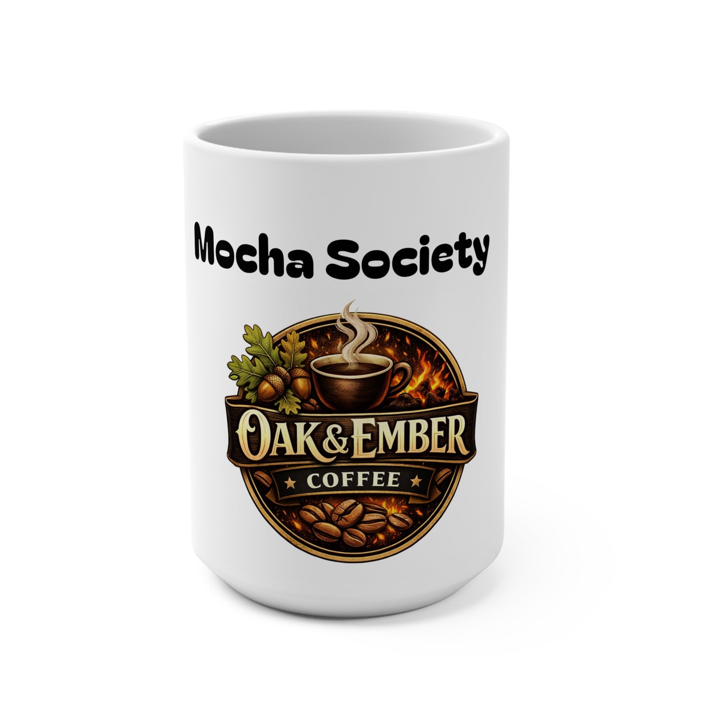 Oak & Ember Coffee 'Mocha Society' Ceramic Mug — Rustic Logo (15oz)