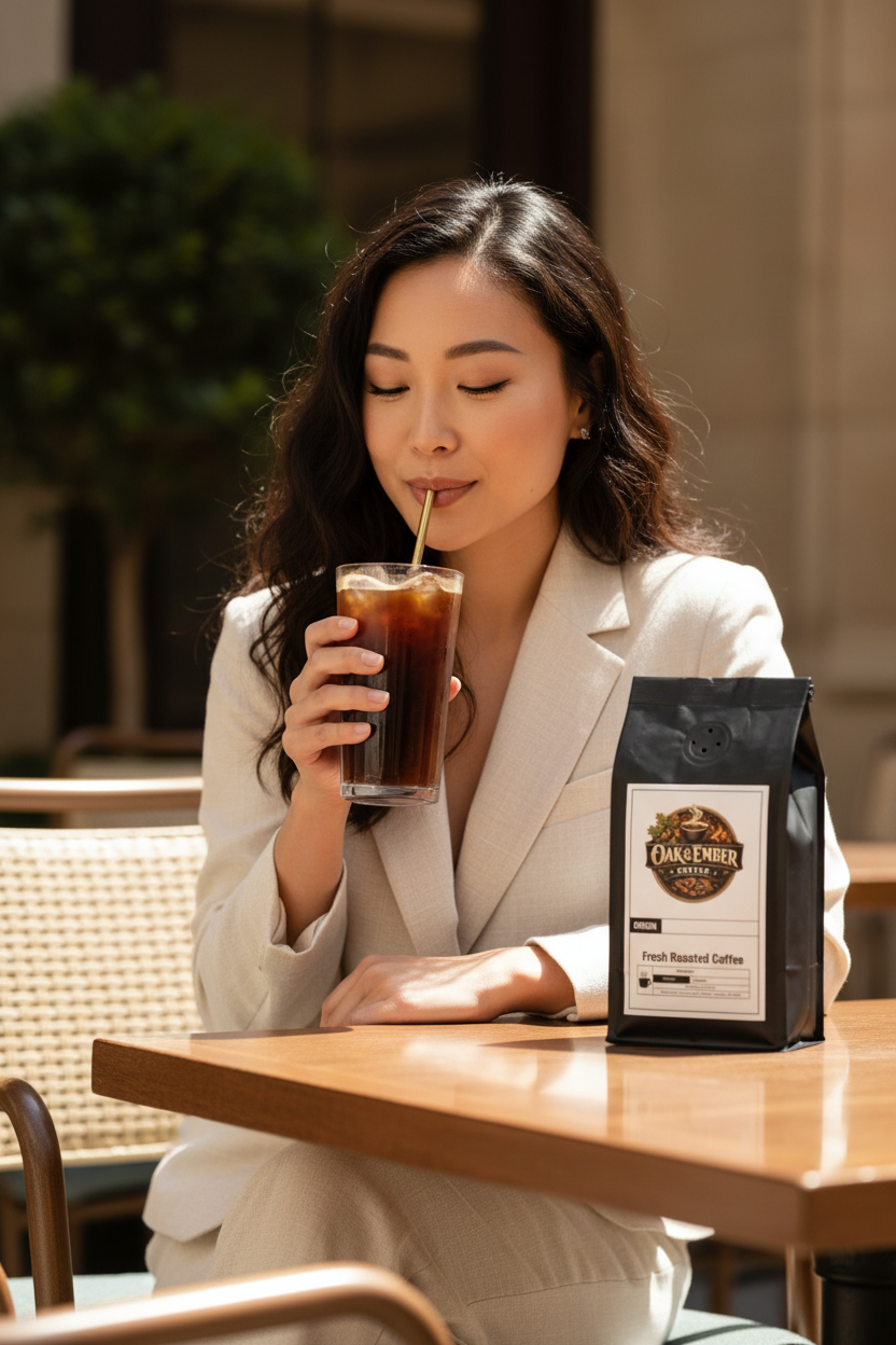 Asian woman cool & refreshed with tall cold brew over ice ☕🧊