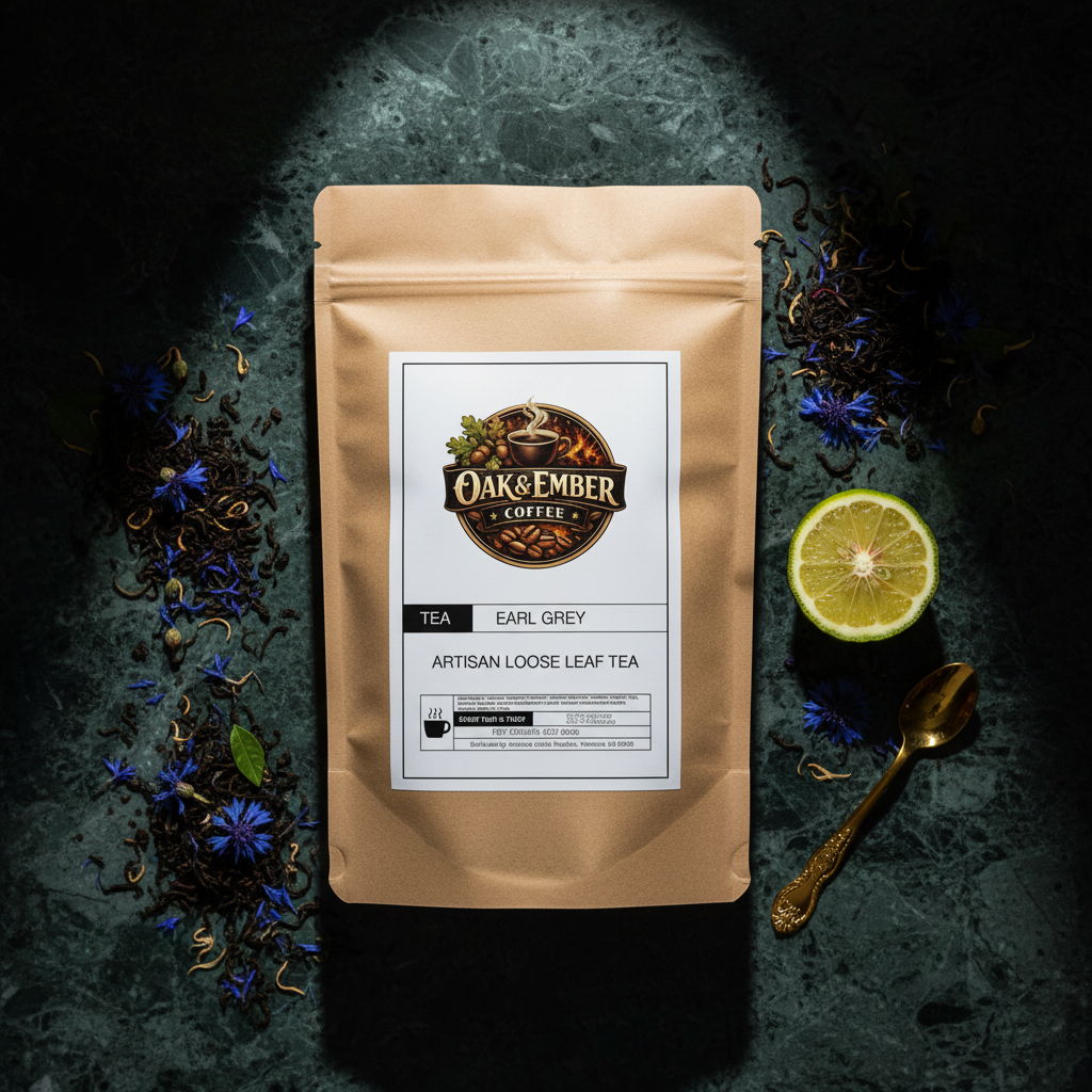 Bag with blue cornflowers, bergamot & gold spoon