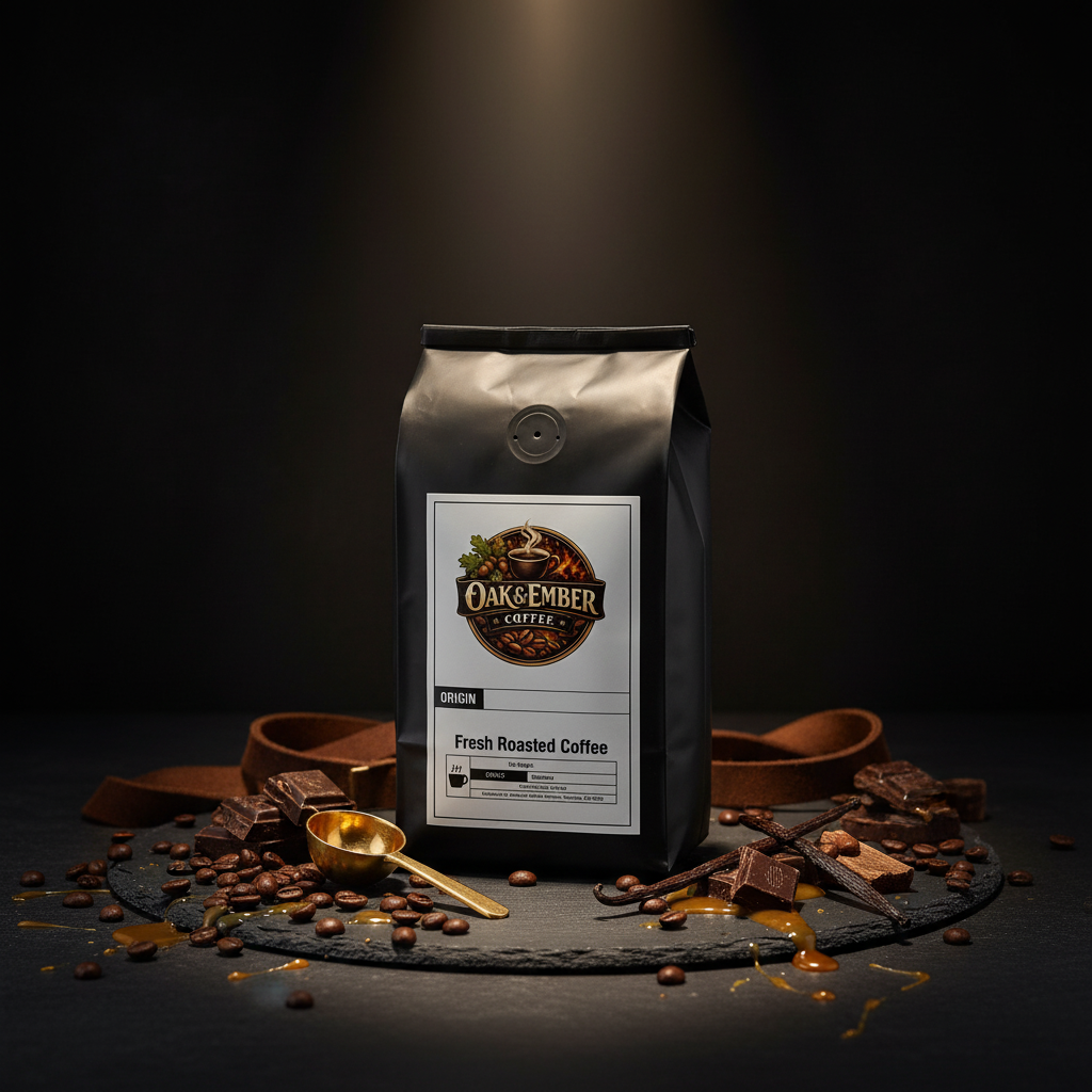 Bag with chocolate, caramel, vanilla bean & rustic leather on dark slate
