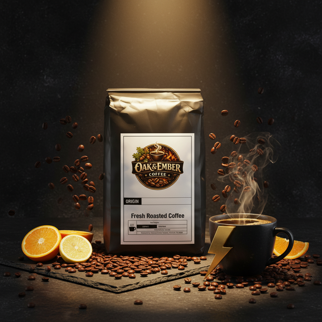 Bag with coffee beans, espresso shot, citrus & gold lightning bolt