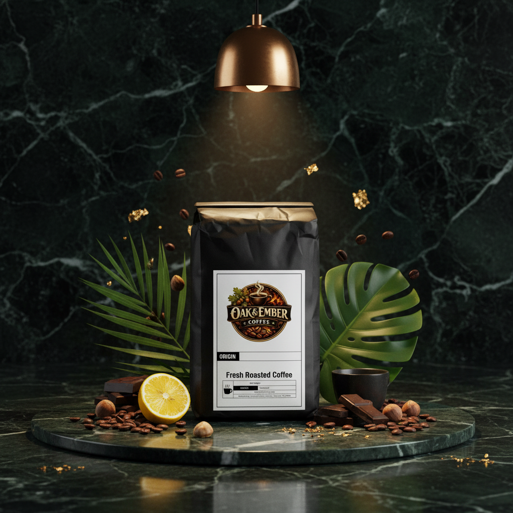 Bag with coffee beans, lemon, chocolate, hazelnuts & tropical leaves