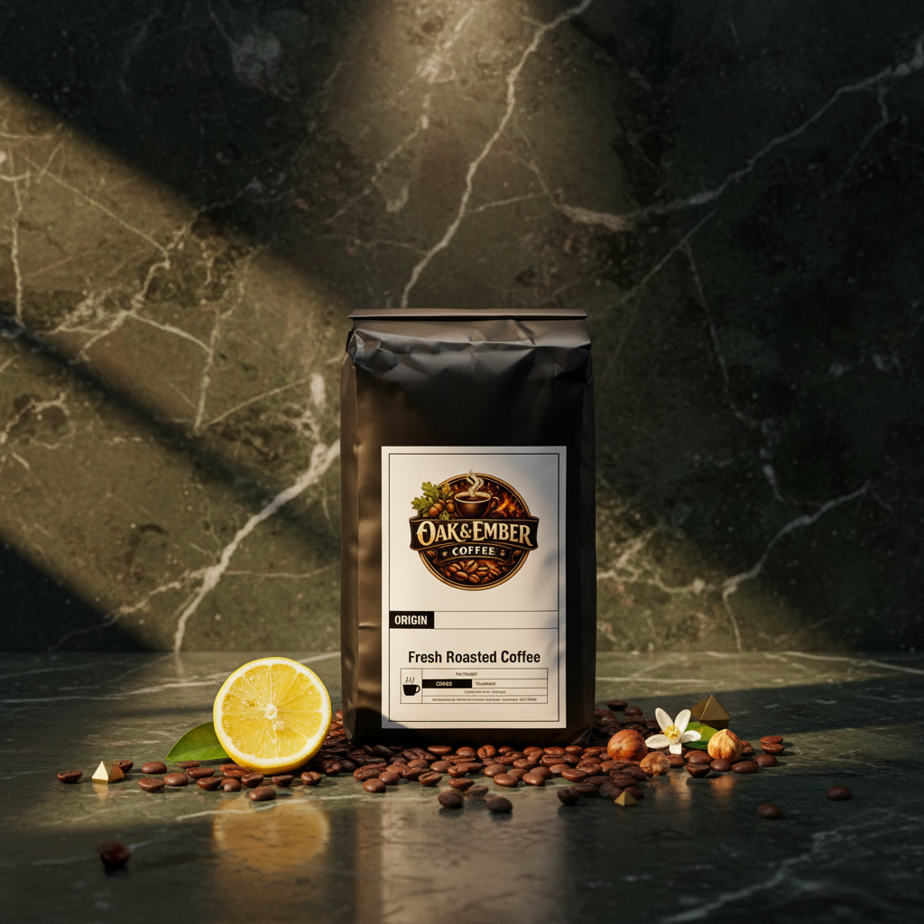 Bag with coffee beans, lemon, orange blossom & morning light
