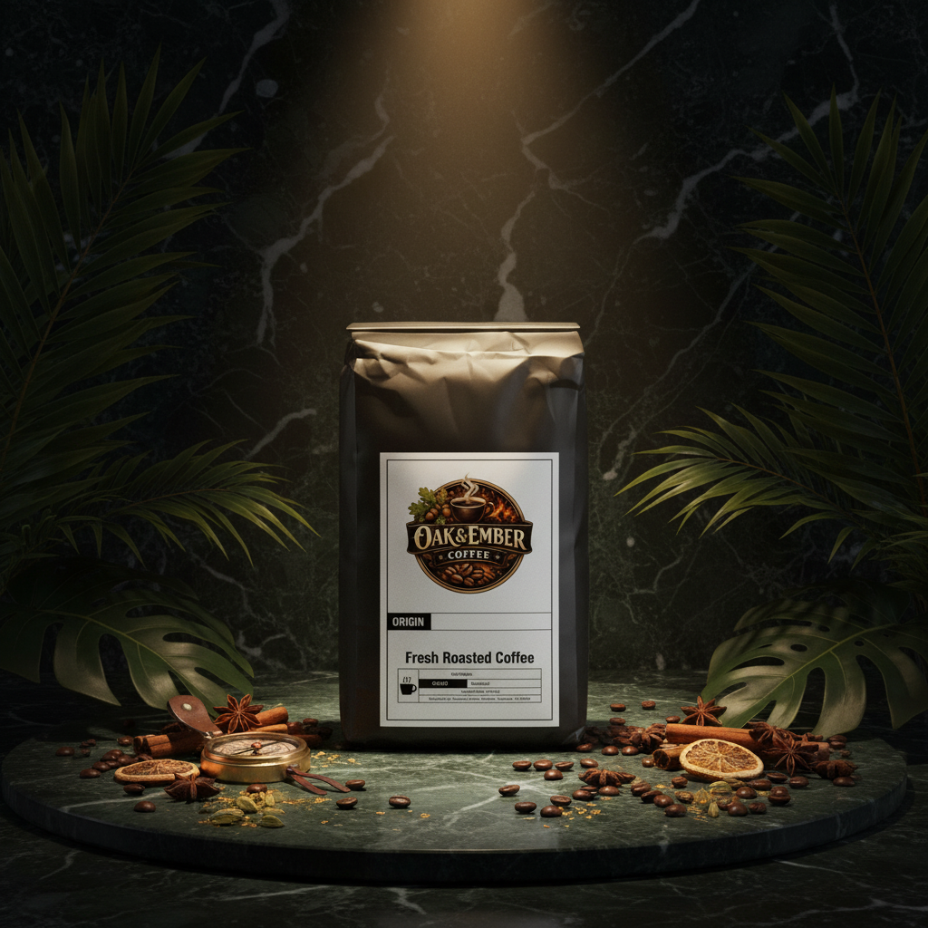 Bag with coffee beans, tropical leaves & gold compass