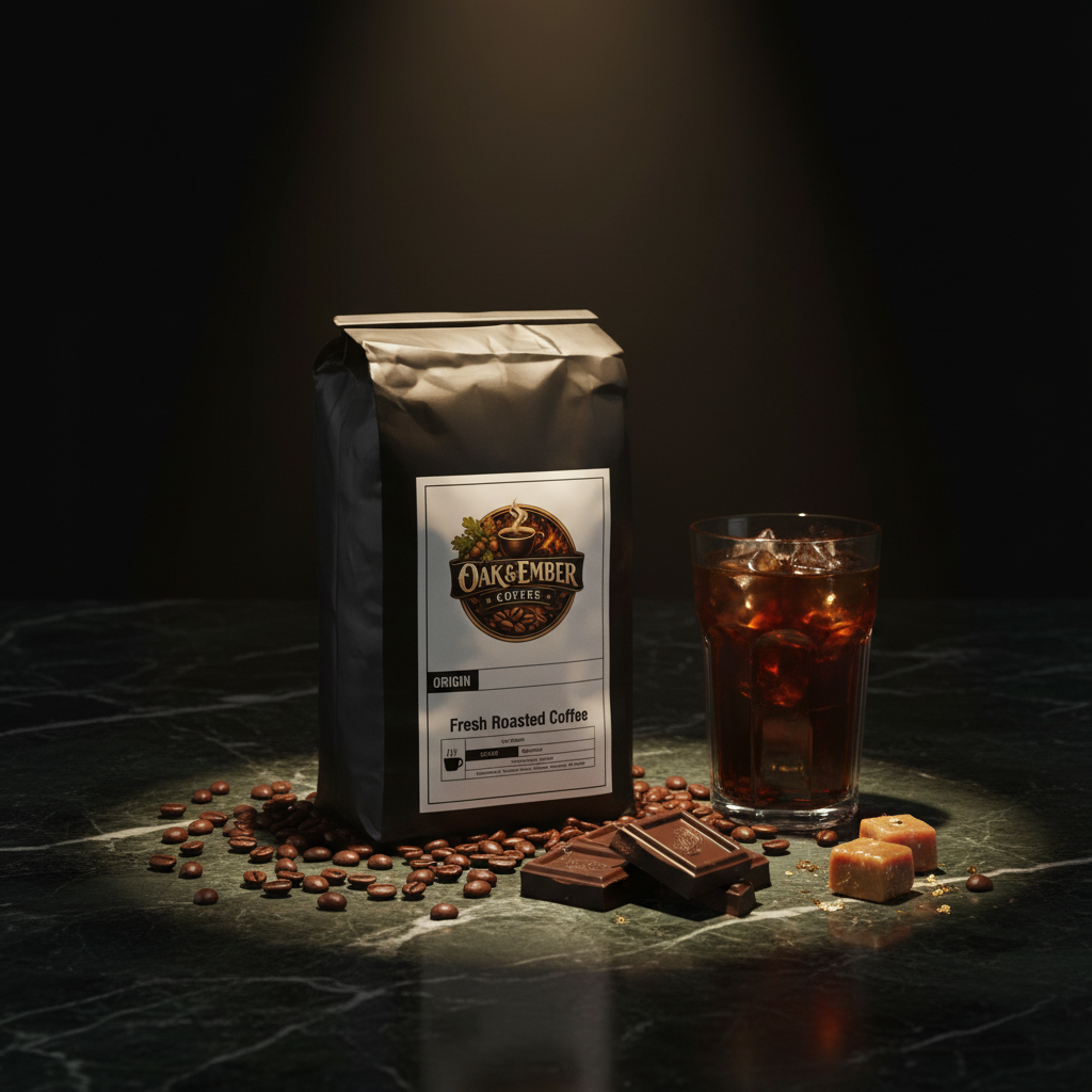 Bag with cold brew over ice, dark chocolate & toffee
