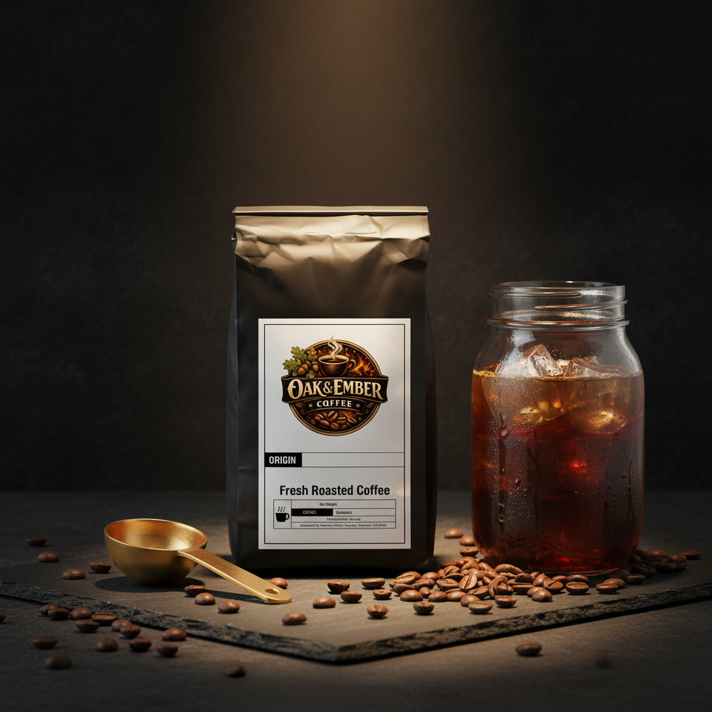 Bag with dark French roast beans, mason jar cold brew & ice