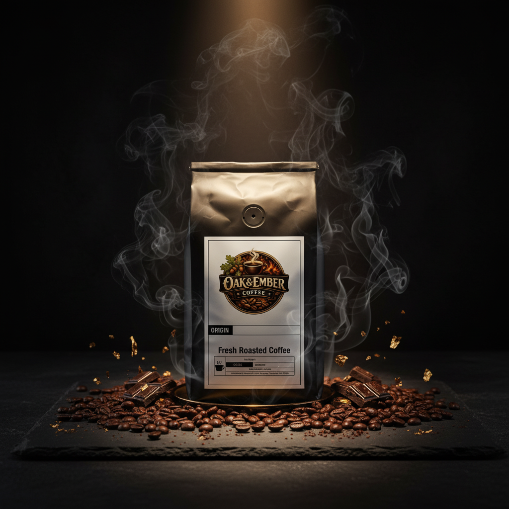 Bag with dark oily beans, chocolate & dramatic smoke