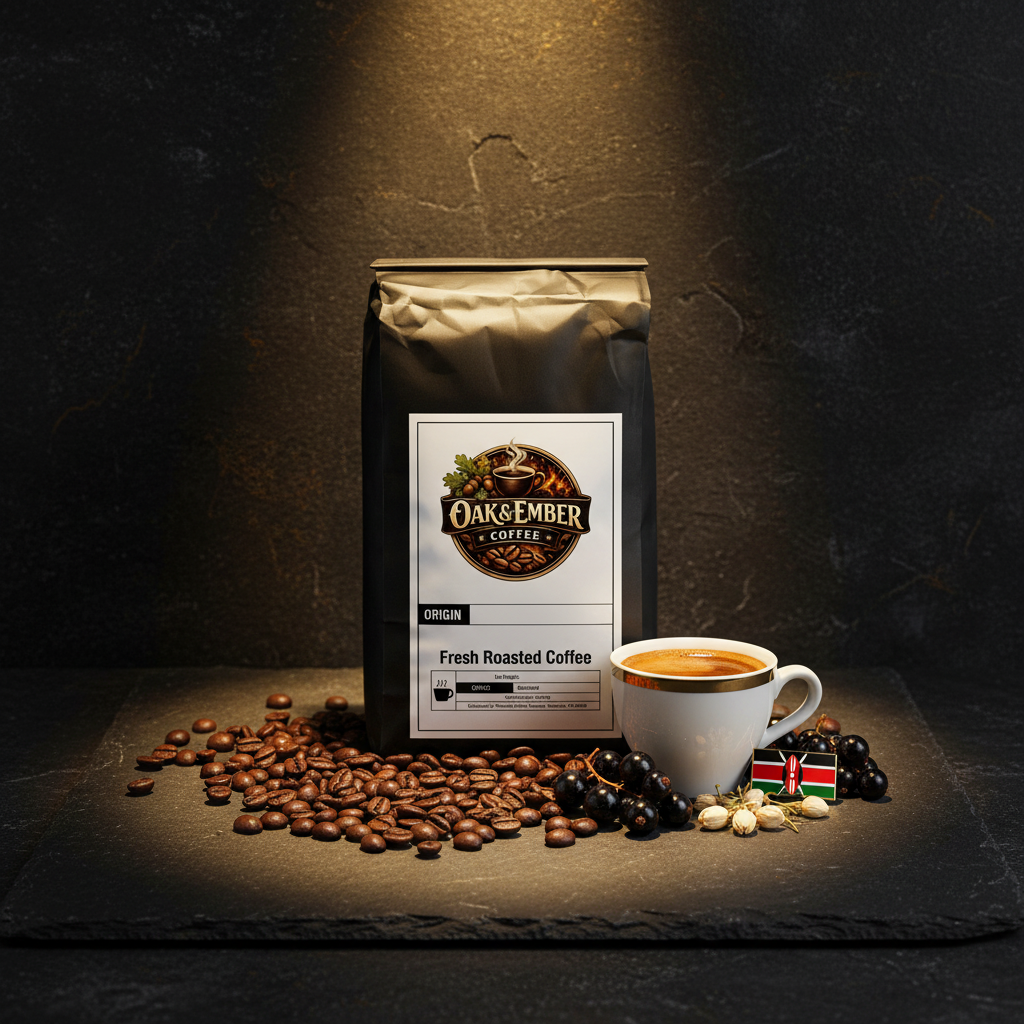 Bag with espresso shot, blackcurrants & jasmine flowers on dark slate