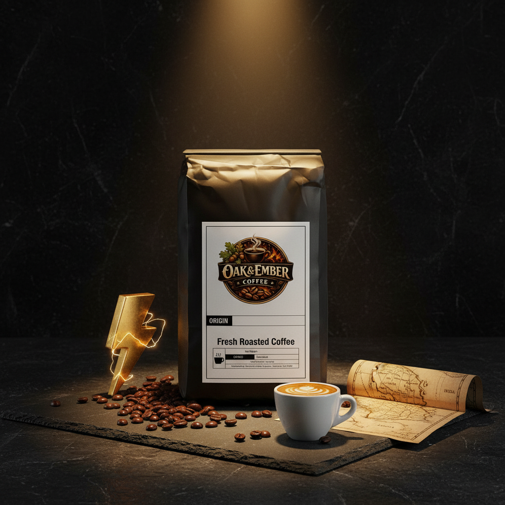 Bag with espresso shot, coffee beans & bold gold accents