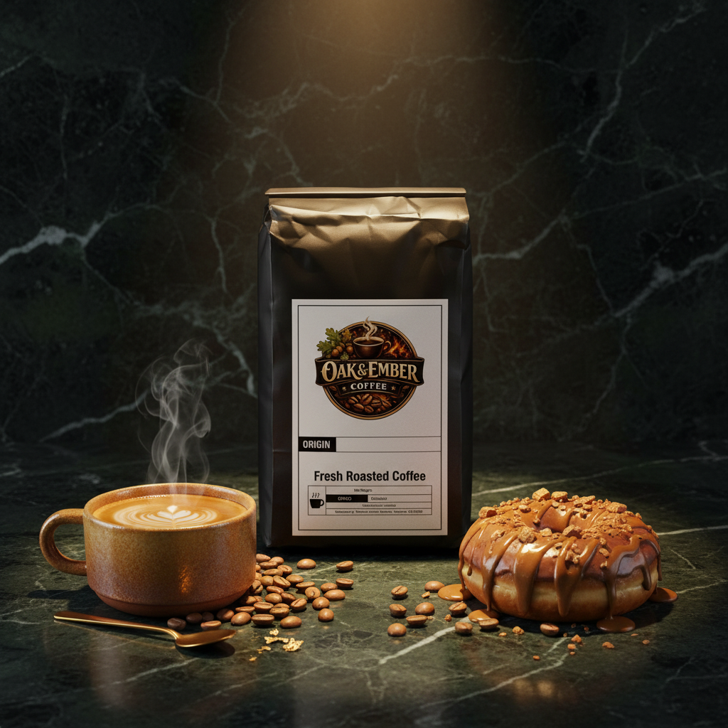 Bag with glazed donut, caramel drizzle & toffee pieces
