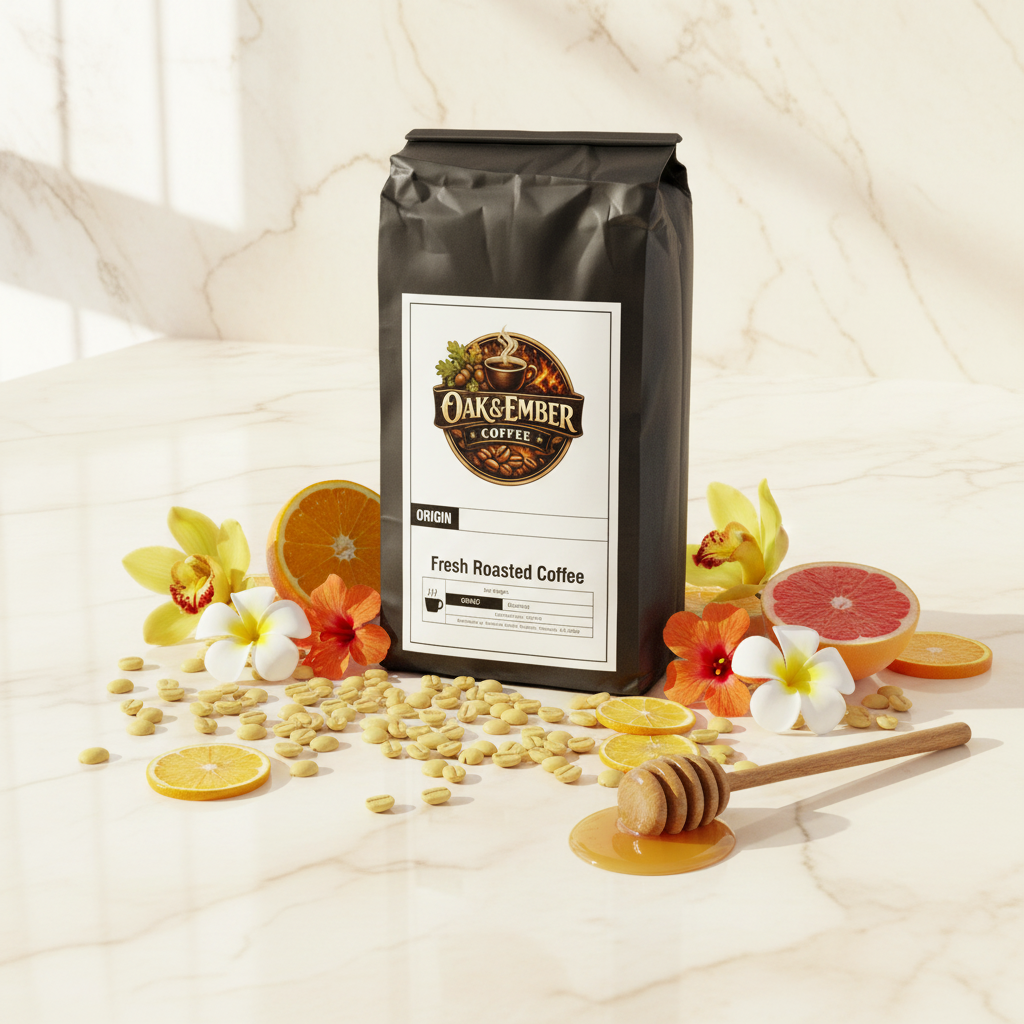 Bag with golden beans, citrus & honey on cream marble
