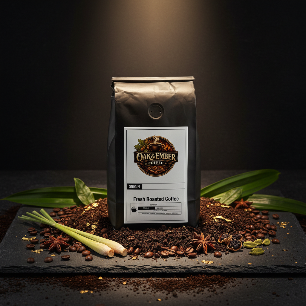 Bag with lemongrass, pandan, star anise & cardamom on dark slate