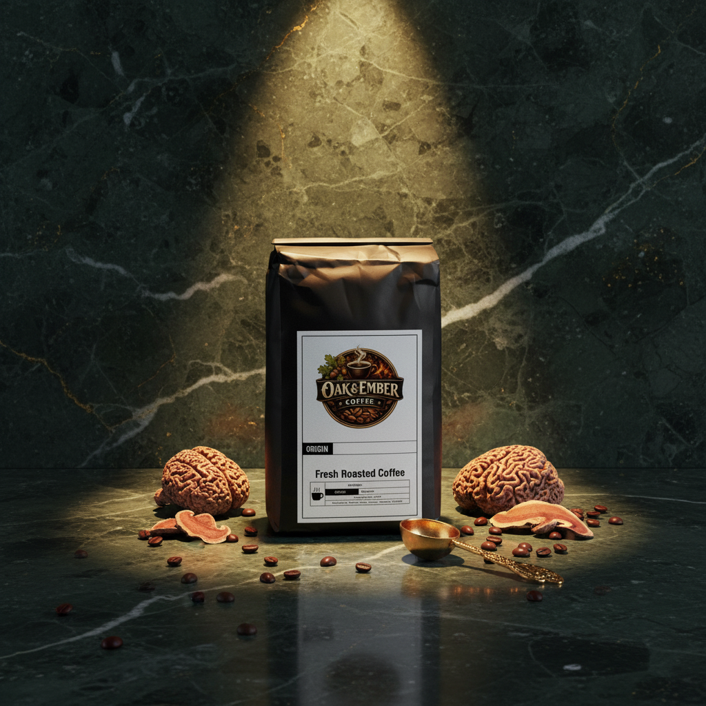 Bag with Lion's Mane, Reishi & coffee beans on dark marble