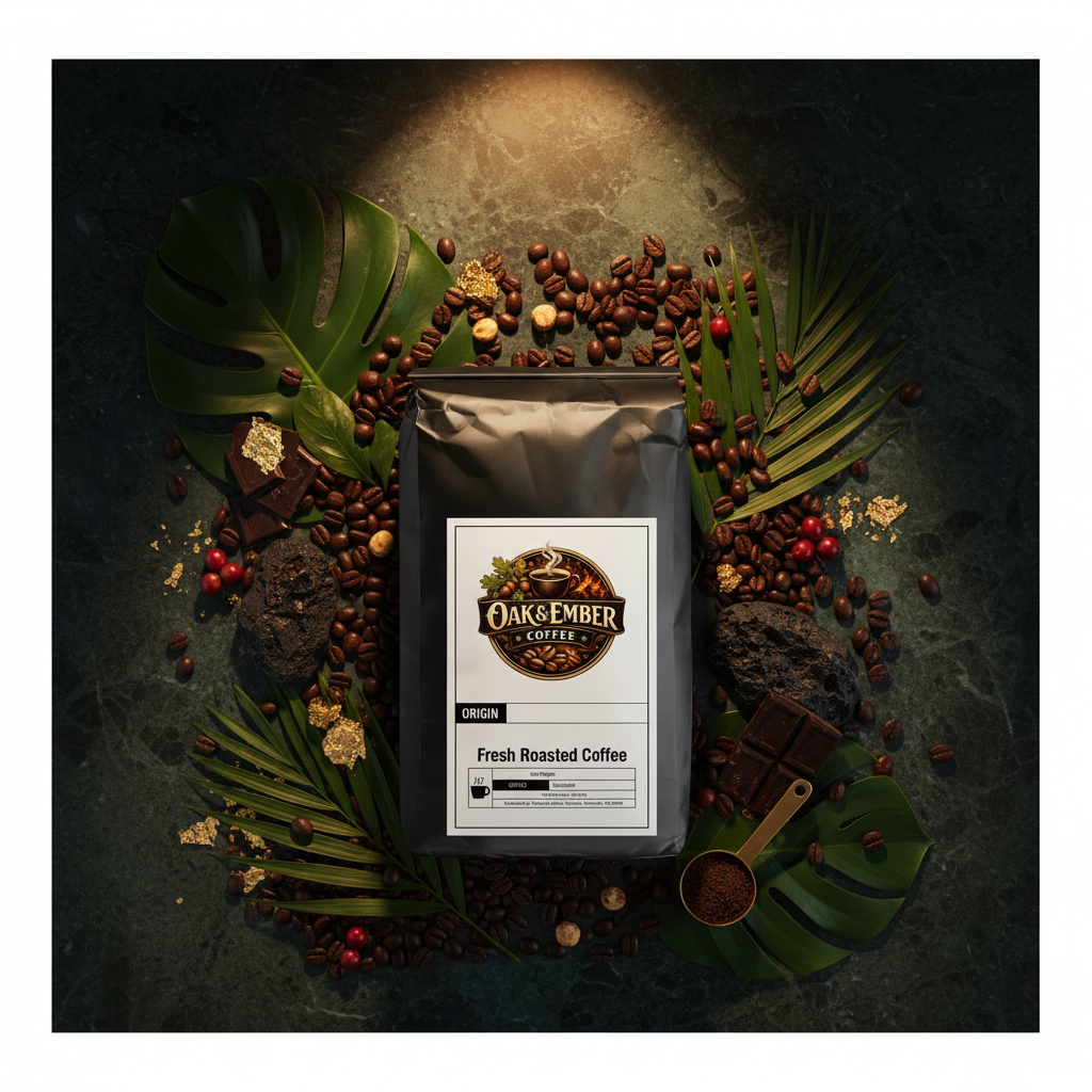 Bag with rainforest leaves, volcanic stones, hazelnuts & chocolate