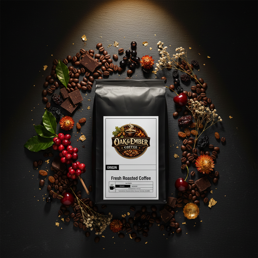 Bag with red coffee cherries, black currants, chocolate & dried flowers