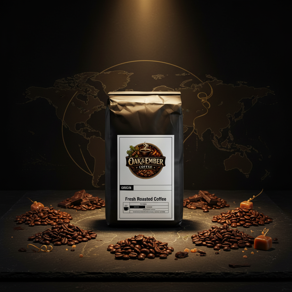 Bag with six distinct origin bean piles, chocolate & caramel on dark slate