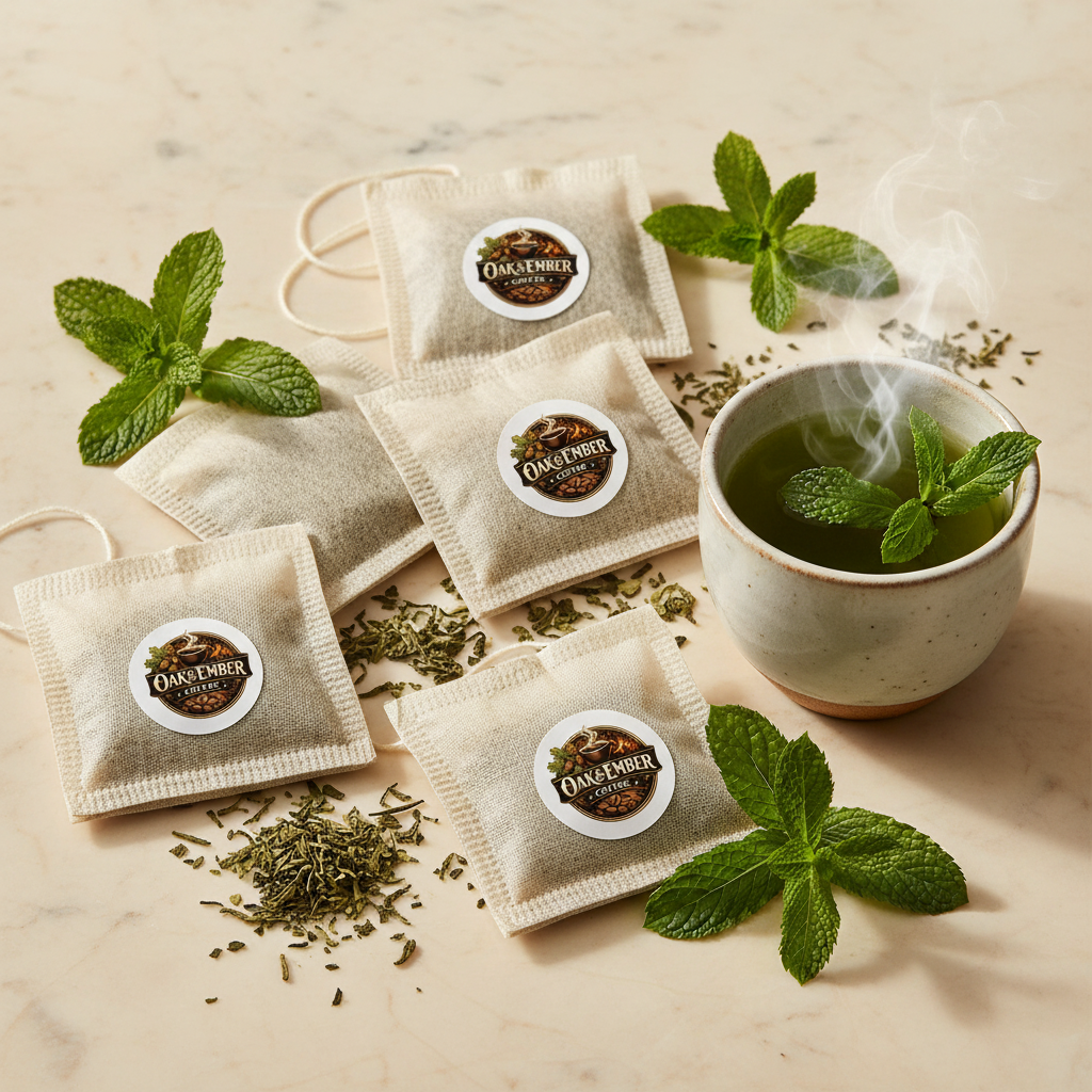 Beige tea bags with spearmint & green tea leaves