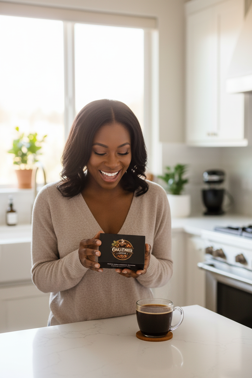 Black/African American woman warm & delighted with capsule gift box ☕🎁
