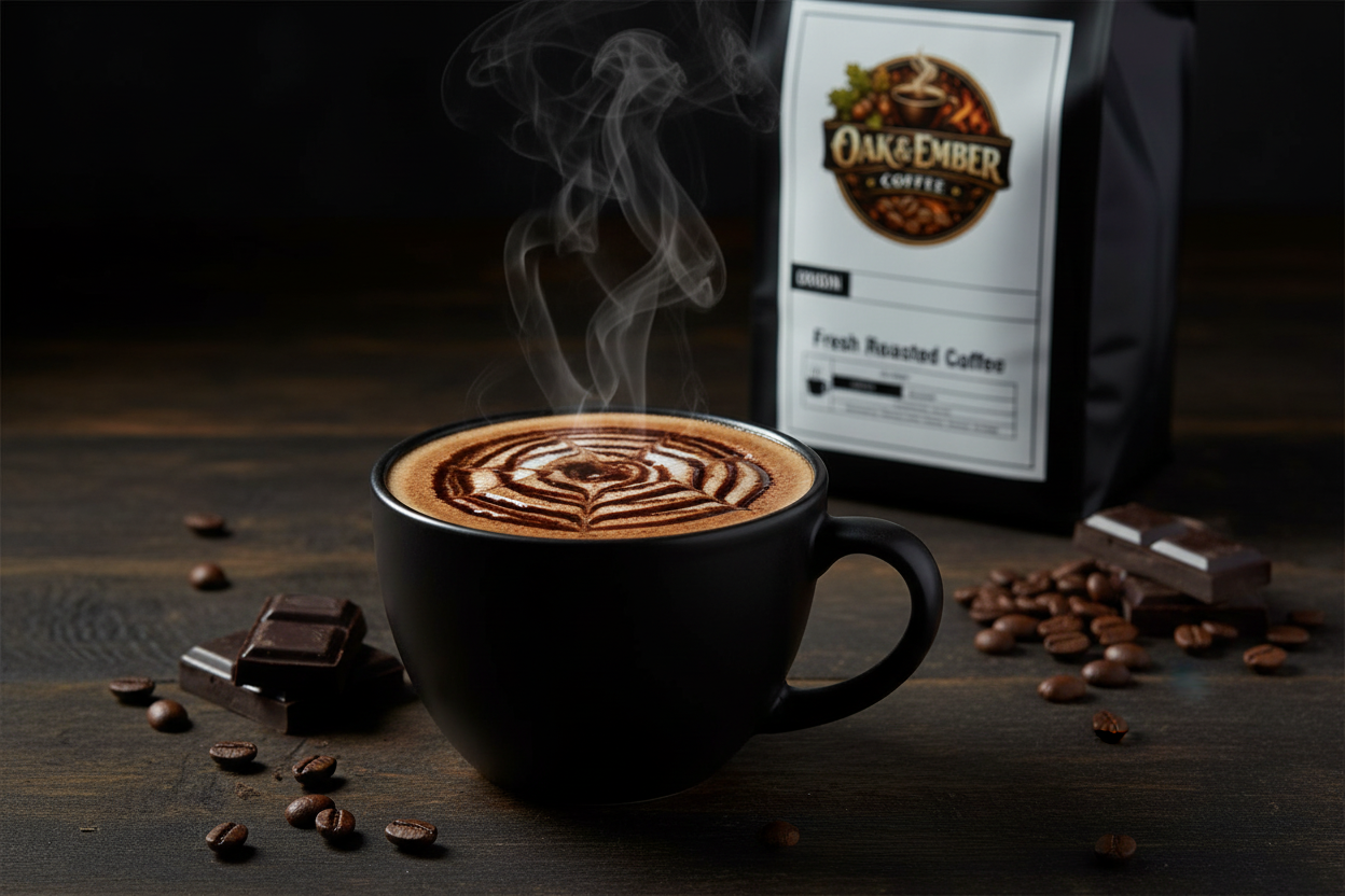 Bold lifestyle mocha mug with chocolate drizzle