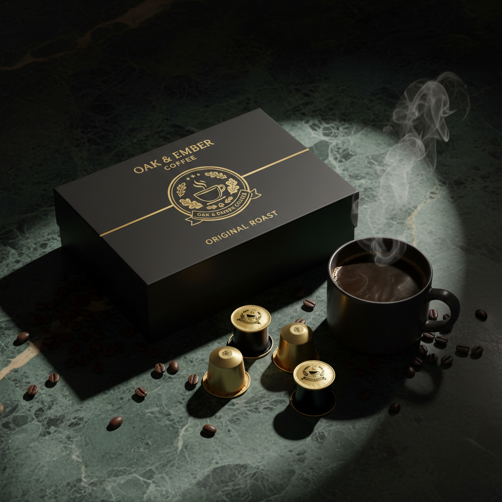Capsule box with individual capsules, steaming cup & coffee beans