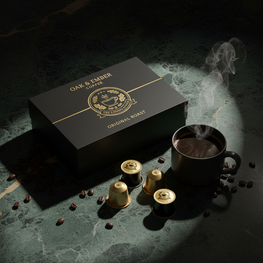 Capsule box with individual capsules, steaming cup & coffee beans