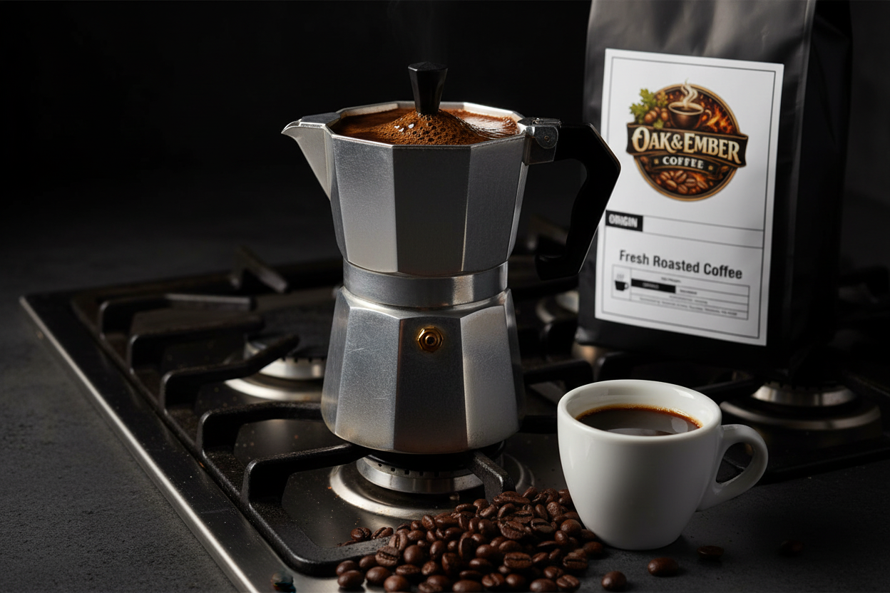 Classic moka pot with espresso cup
