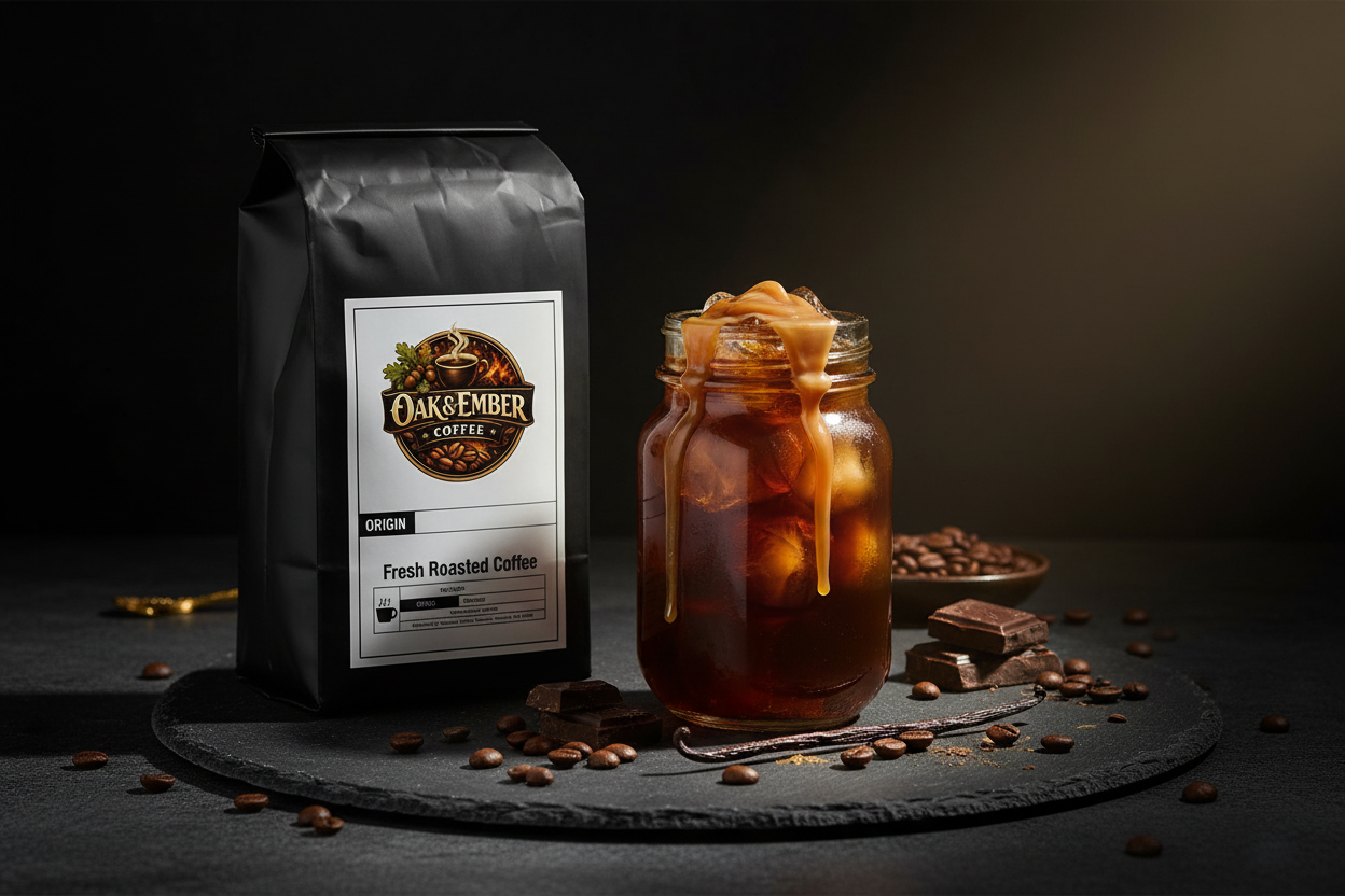 Cold brew mason jar with caramel drizzle & vanilla bean
