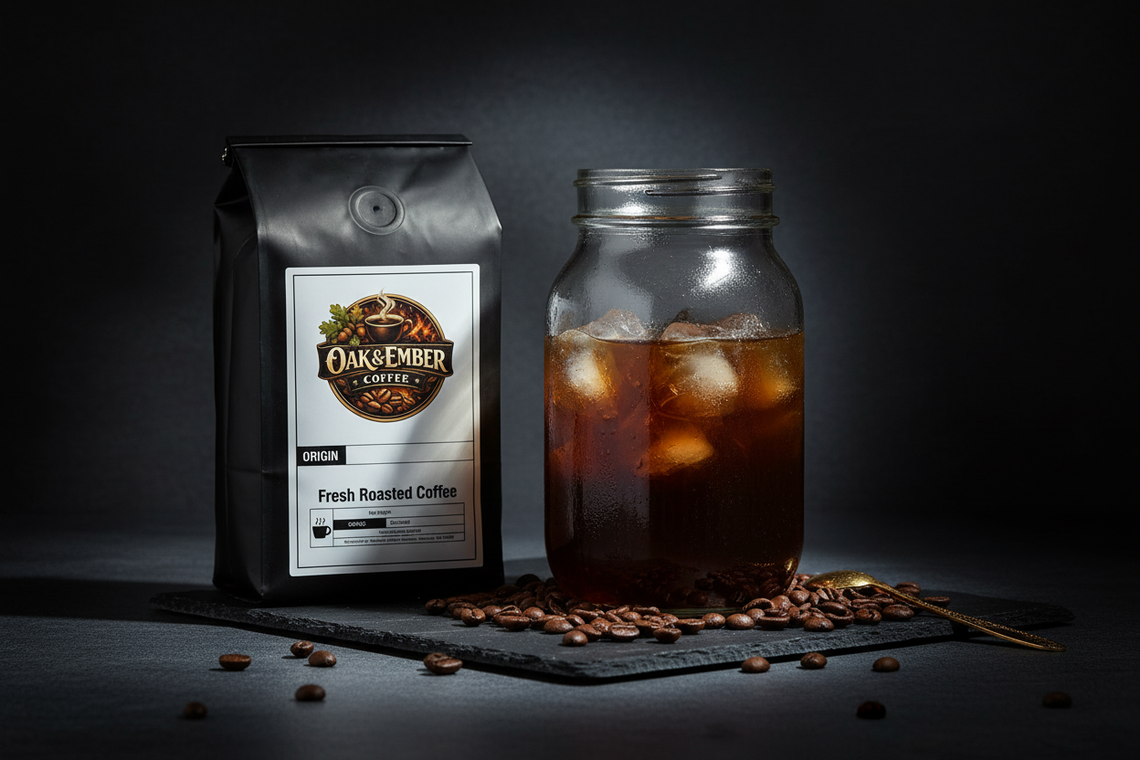 Cold brew steeping process — coarse grounds in mason jar