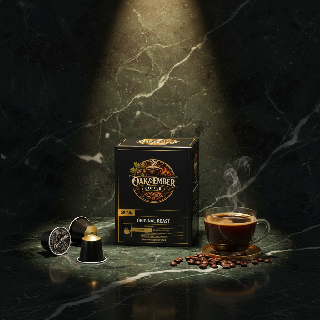 Compact 12-pack box with capsules, steaming cup & coffee beans
