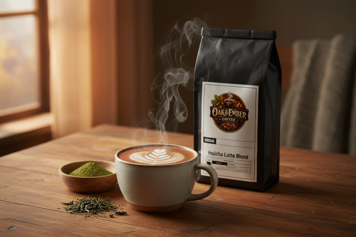 Cozy evening hojicha latte by window